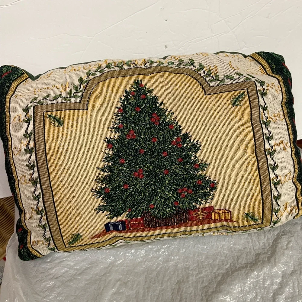Vintage Holiday Tapestry Accent Pillow Rectangular 18x10”